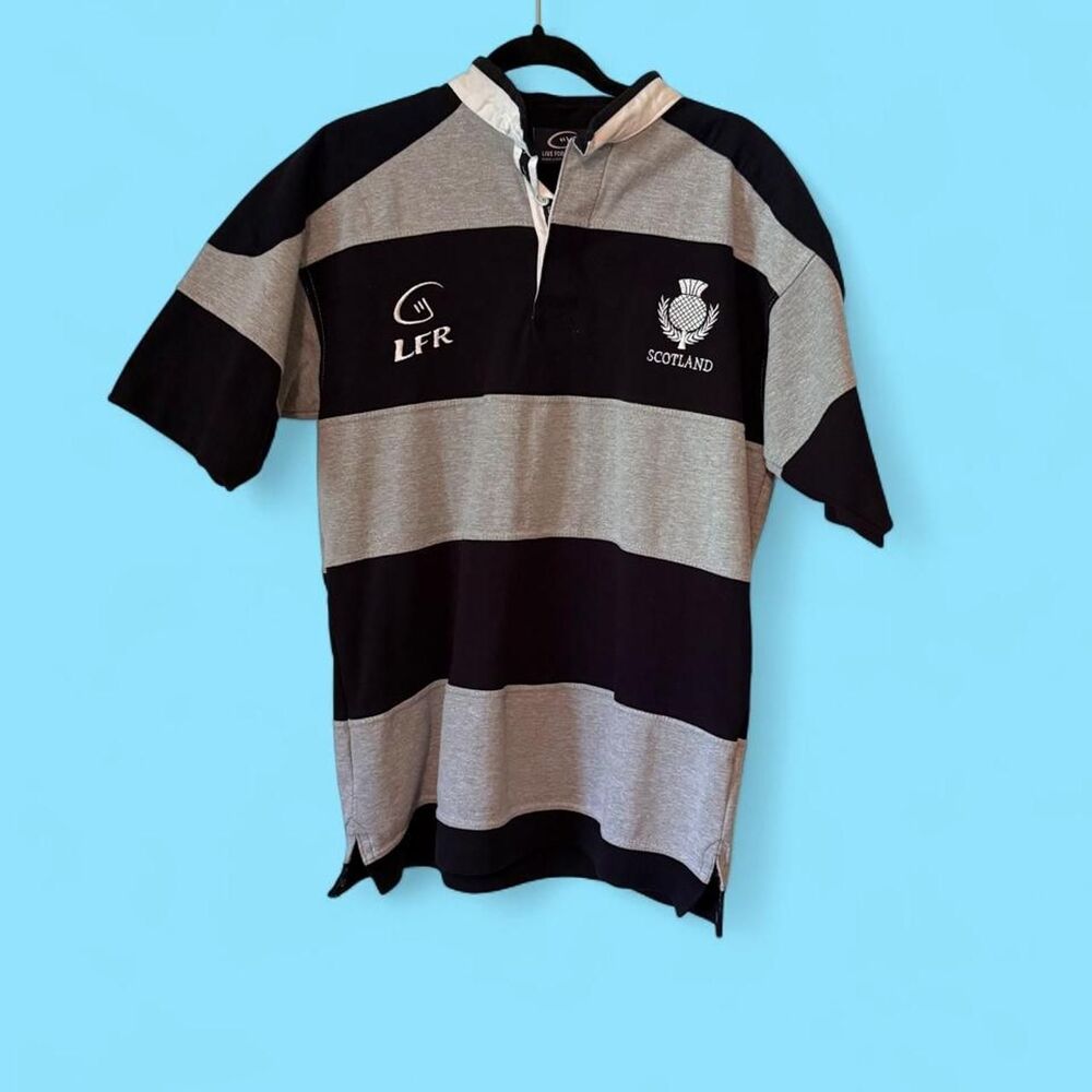 Live For Rugby (LFR) Scotland Polo Shirt - Men's Small - Navy & Gray Stripes